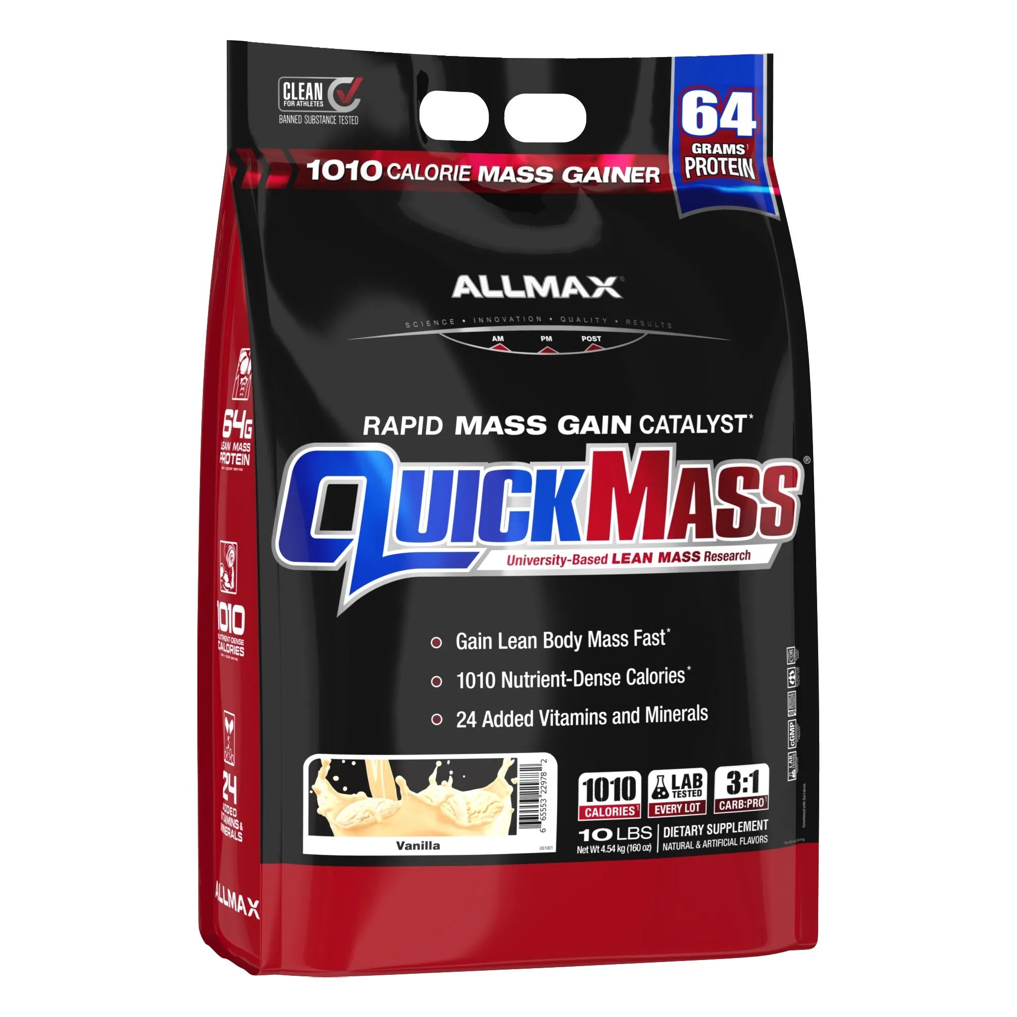 A 10 lb bag of Allmax QuickMass 1010 Calorie Mass Gainer in Vanilla flavor. The packaging is primarily black with red side panels and features the 'QuickMass' logo in blue and red, along with '64 Grams Protein' and '1010 Calorie Mass Gainer' text.