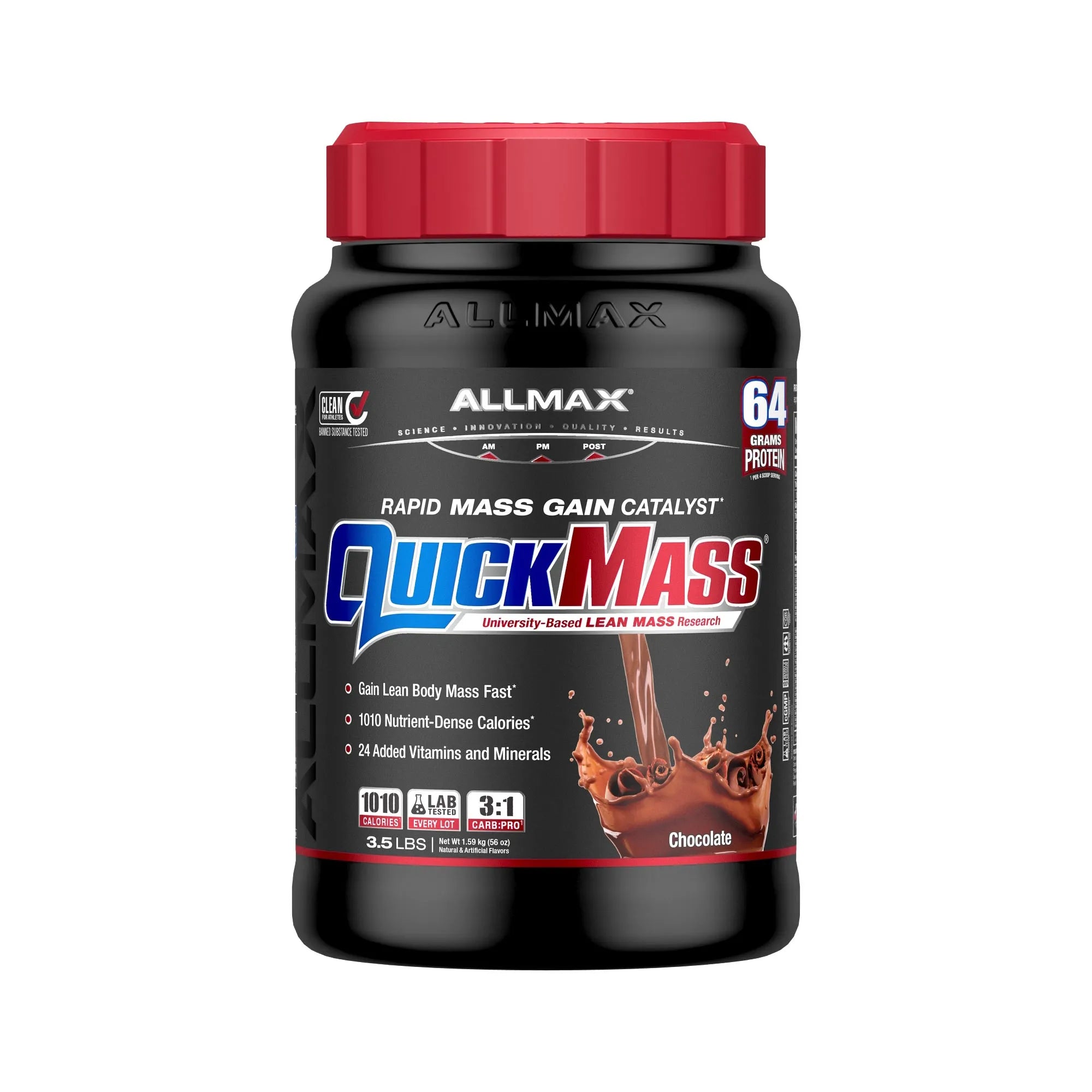 A black plastic tub of Allmax QuickMass Rapid Mass Gain Catalyst in Chocolate flavor, featuring a red cap and a black label with red and blue text.