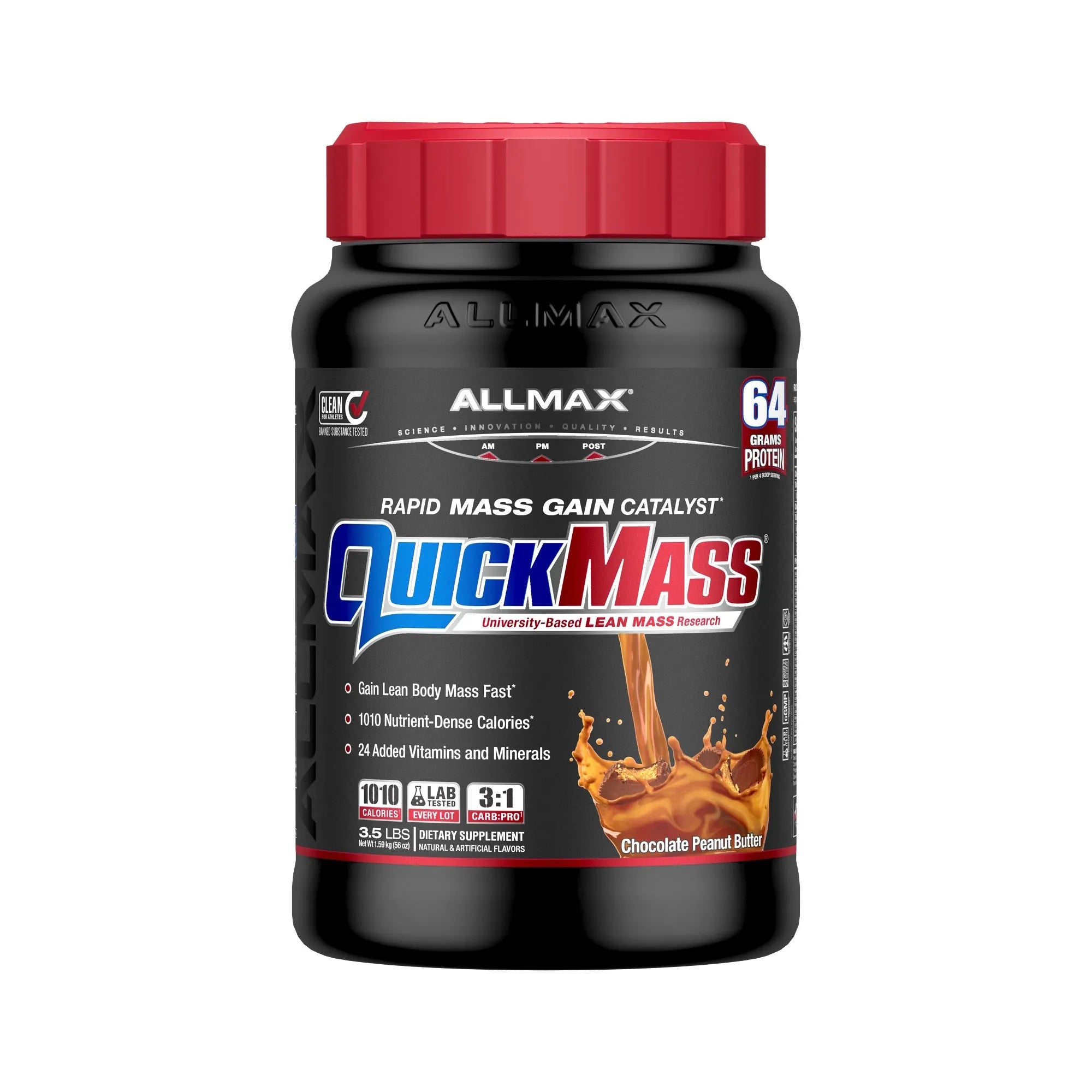 A bottle of Allmax QuickMass Rapid Mass Gain Catalyst in Chocolate Peanut Butter flavor, featuring a black container, red cap, and a black label with red, white, and blue text.