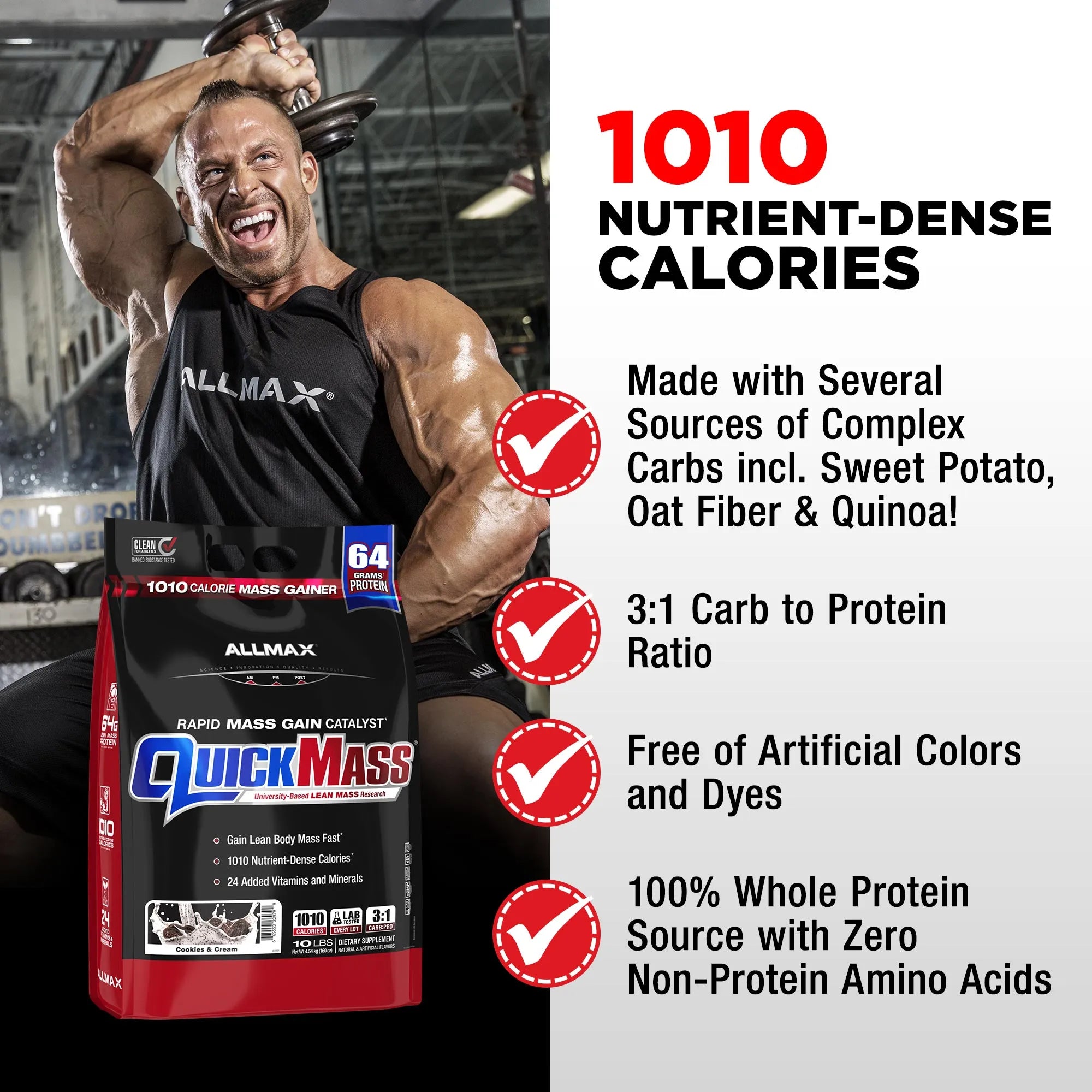 Allmax QuickMass 1010 calorie protein powder bag shown next to a muscular man lifting weights in a gym setting, with text highlighting key product benefits.
