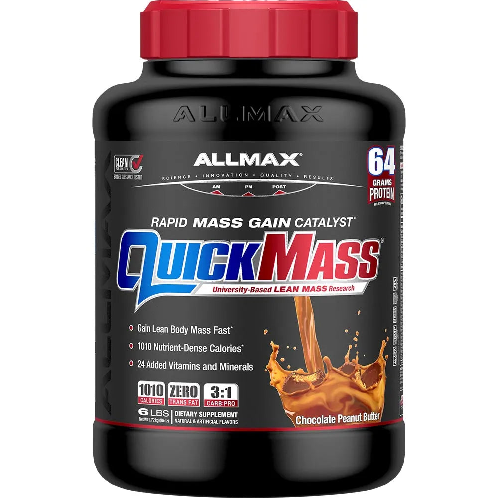 A black plastic tub of Allmax QuickMass Rapid Mass Gain Catalyst dietary supplement with a red lid and a chocolate peanut butter splash graphic on the label.