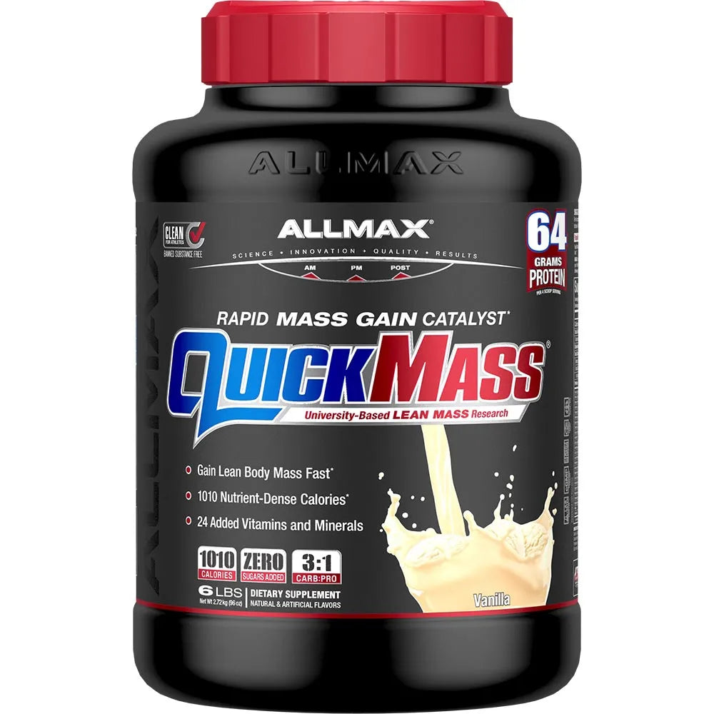 A black plastic tub of Allmax QuickMass Rapid Mass Gain Catalyst with a red cap, featuring a black label with blue and red text and a splash graphic.