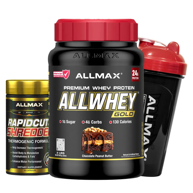 rapidcuts shredded allmax with allwhey gold and shaker bottle