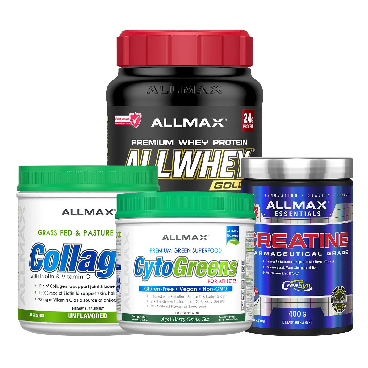 A group of five Allmax supplement containers on a plain white background, including a large black protein powder jar with a red lid, a white collagen jar with a green lid, a white cyto greens jar with a green lid, and a blue creatine supplement jar with a silver lid.