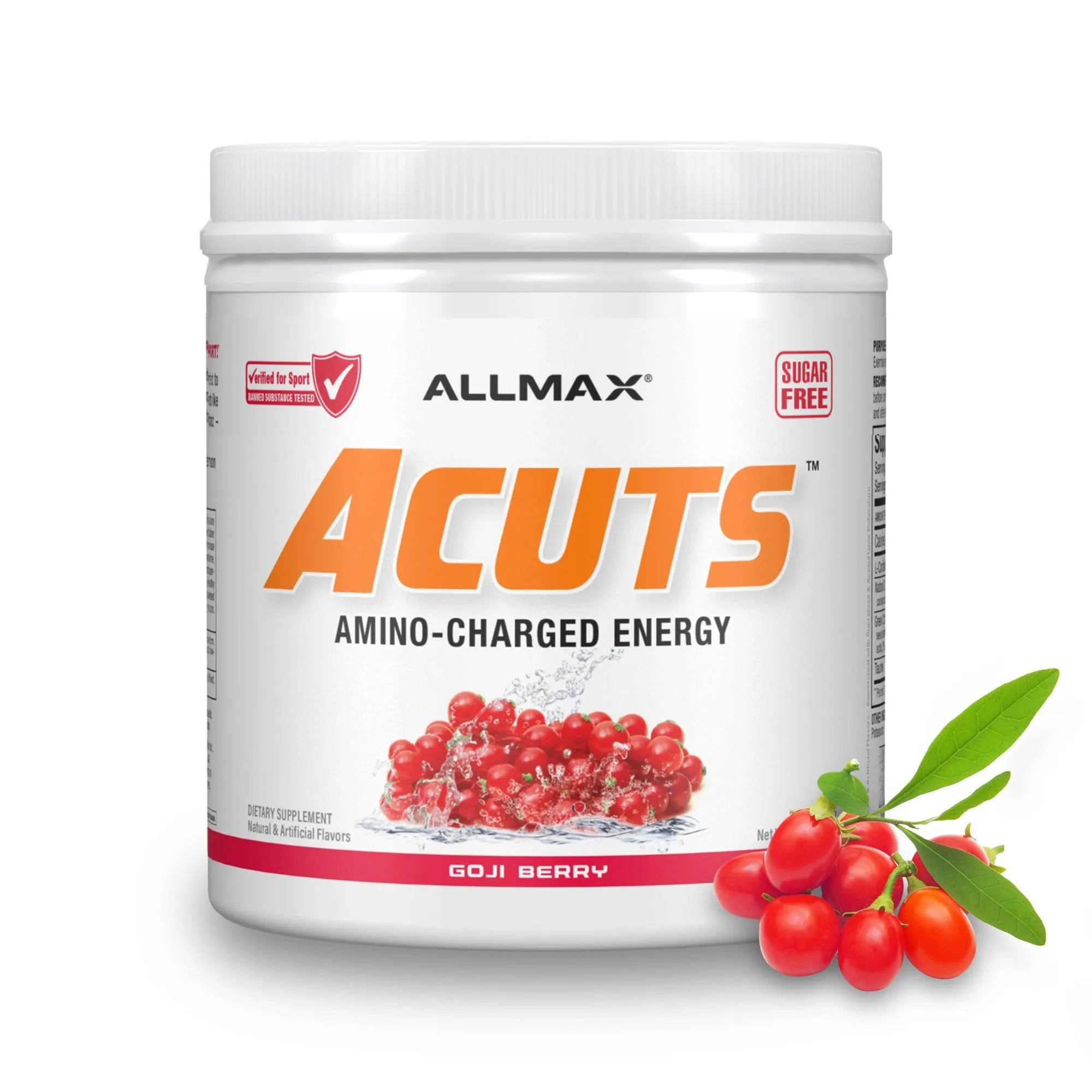 A white plastic tub of ALLMAX Acuts Amino-Charged Energy dietary supplement in Goji Berry flavor, shown on a white background with a cluster of red goji berries and green leaves in the lower right corner.