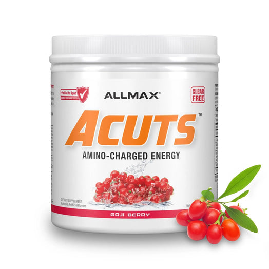 A white plastic tub of ALLMAX Acuts Amino-Charged Energy dietary supplement in Goji Berry flavor, shown on a white background with a cluster of red goji berries and green leaves in the lower right corner.