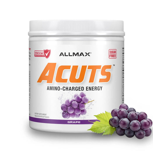 A white plastic tub of ALLMAX Acuts Amino-Charged Energy supplement in grape flavor, featuring a graphic of purple grapes on the label, with a fresh grape cluster and green leaf prop in the foreground on a white background.