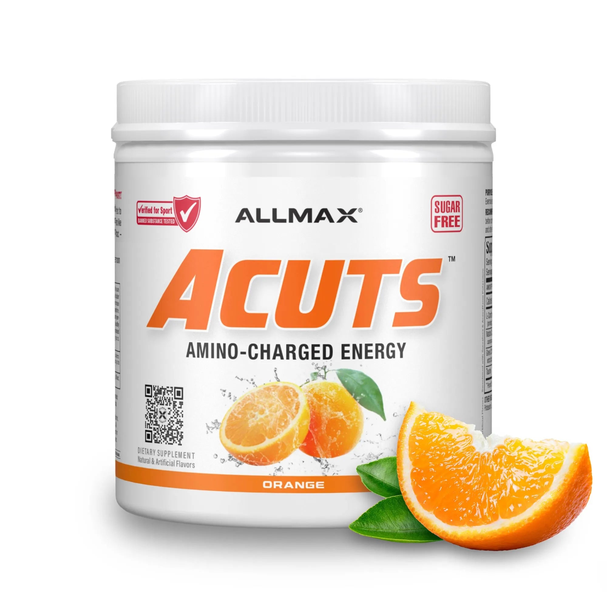 A white plastic tub of ALLMAX Acuts Amino-Charged Energy dietary supplement in Orange flavor, shown on a clean white background with fresh orange slices and green leaves in the foreground.