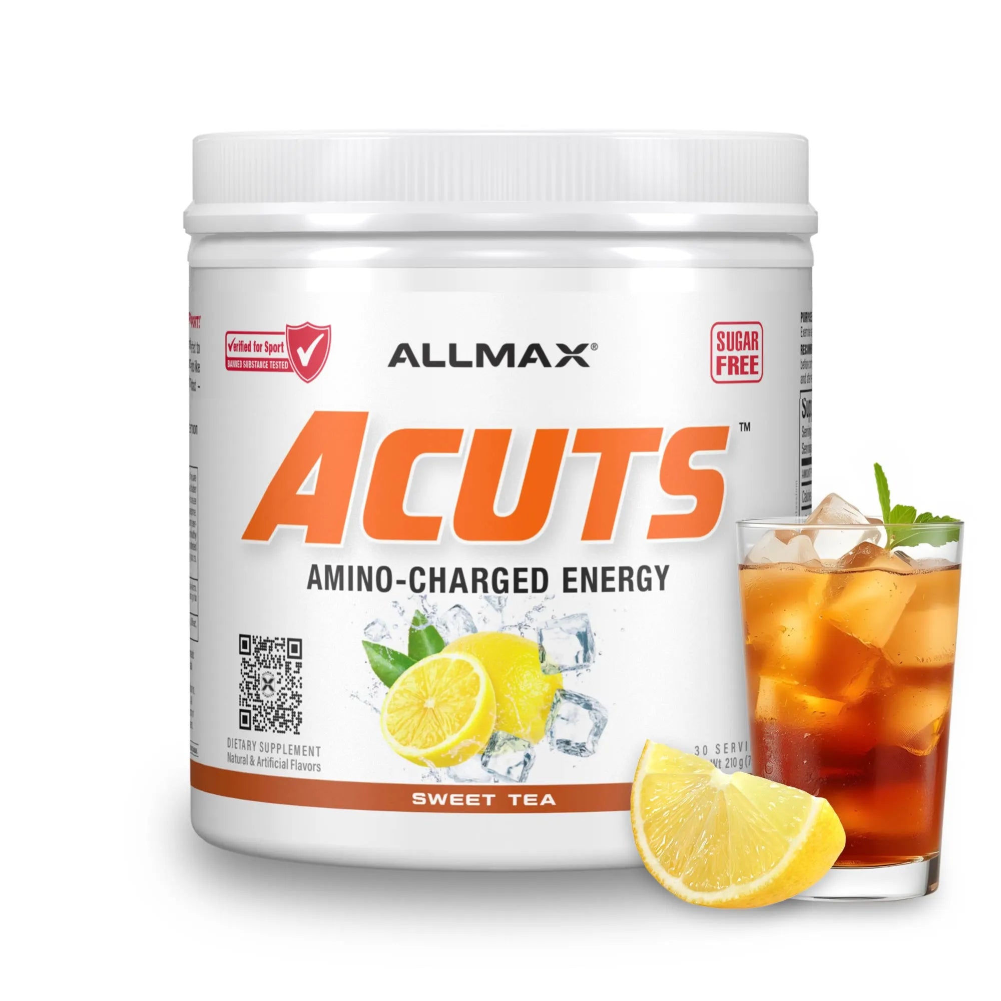 A white tub of ALLMAX Acuts Amino-Charged Energy dietary supplement in Sweet Tea flavor, shown next to a glass of iced tea with lemon slices on a white background.