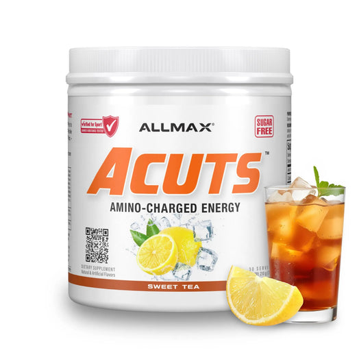 A white tub of ALLMAX Acuts Amino-Charged Energy dietary supplement in Sweet Tea flavor, shown next to a glass of iced tea with lemon slices on a white background.