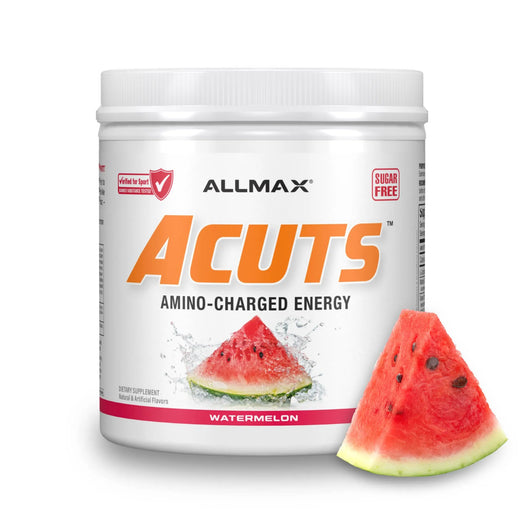 A white plastic tub of ALLMAX Acuts Amino-Charged Energy drink powder in Watermelon flavor, shown next to a fresh watermelon slice on a white background.