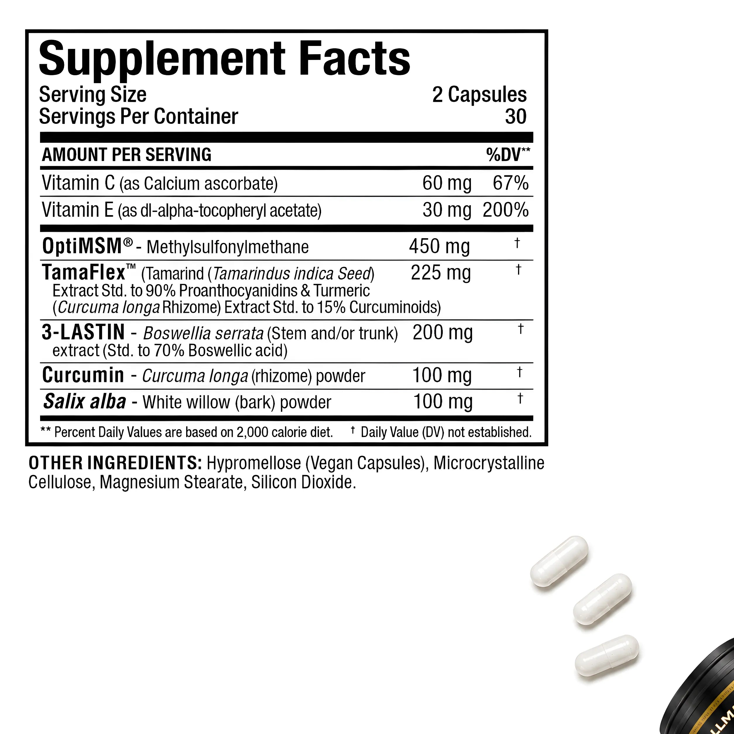 Supplement facts label for a capsule product, with a black-and-white nutrition panel and three white capsules shown at the bottom right on a white background.