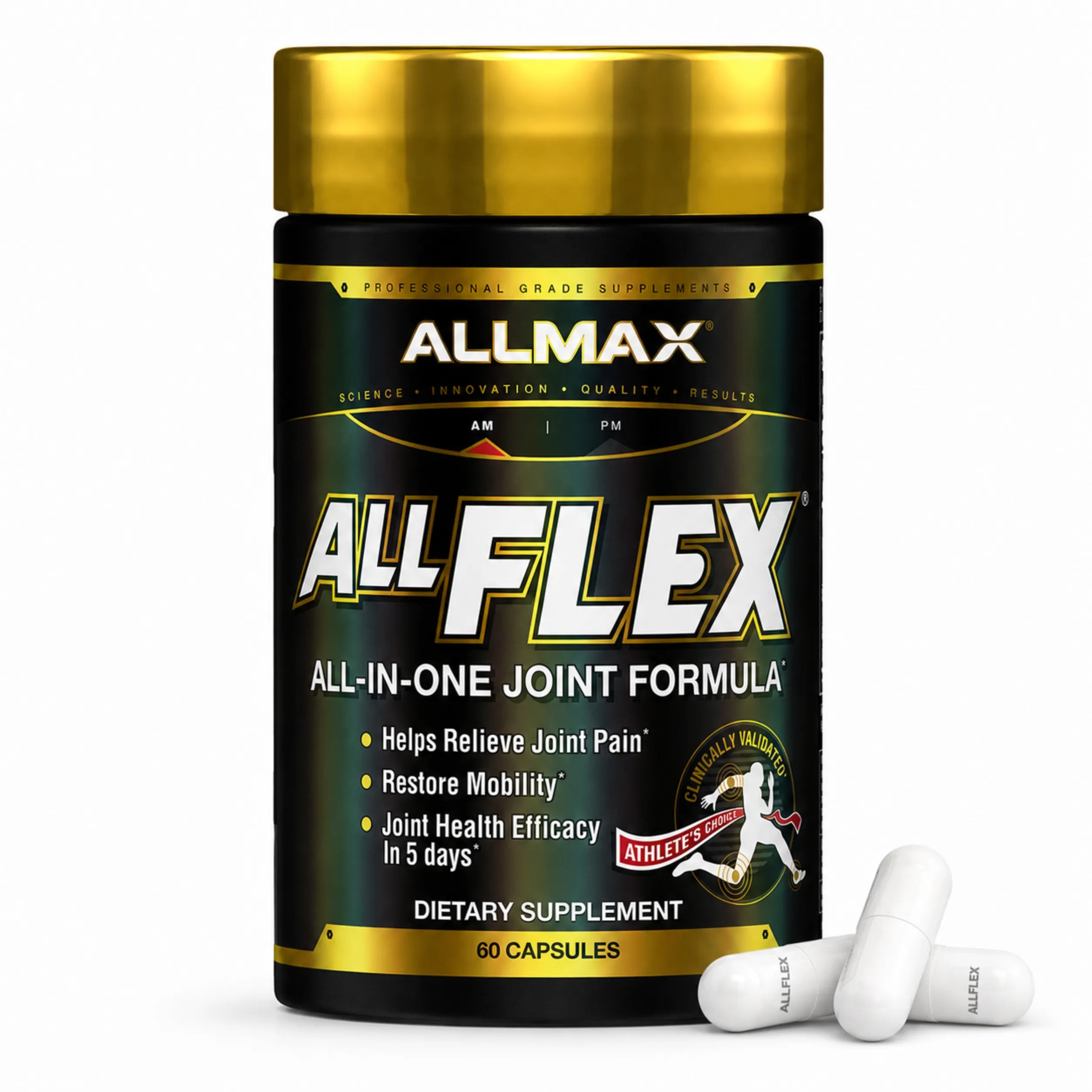 A bottle of Allmax Allflex All-In-One Joint Formula dietary supplement with three white capsules in the foreground, set against a plain white background.