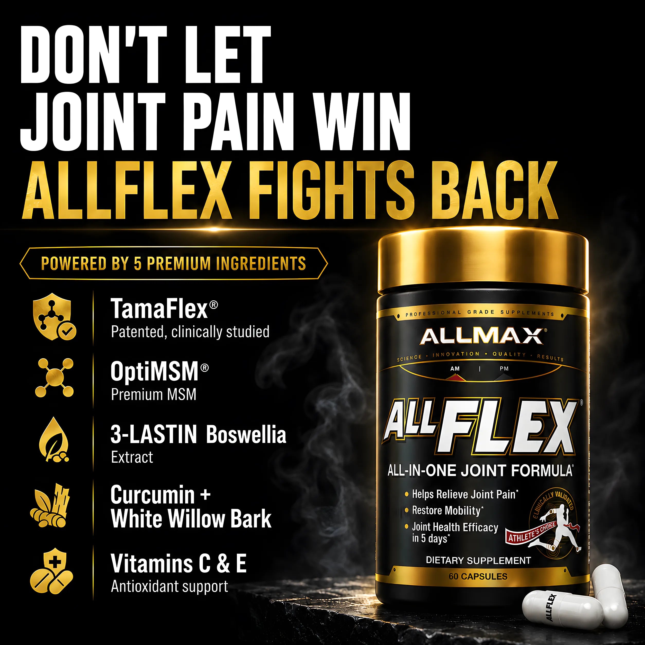 Allflex joint formula supplement bottle on a dark promotional background with large marketing text, ingredient callouts, and two capsules in the foreground.