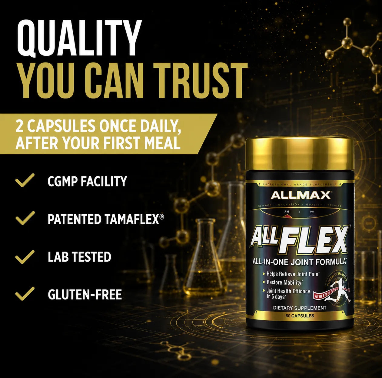 A bottle of Allmax AllFlex All-In-One Joint Formula dietary supplement on a dark, scientifically-themed background with text highlighting quality, capsules, and features.