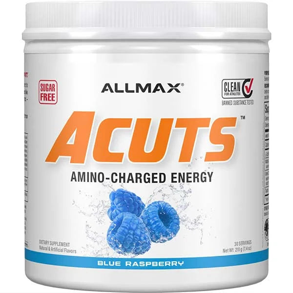ALLMAX ACUTS Amino-Charged Energy Blue Raspberry supplement for sugar-free athletic performance support.