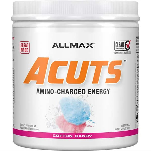 ALLMAX ACUTS Amino-Charged Energy in Cotton Candy flavor, a sugar-free supplement for athletes.
