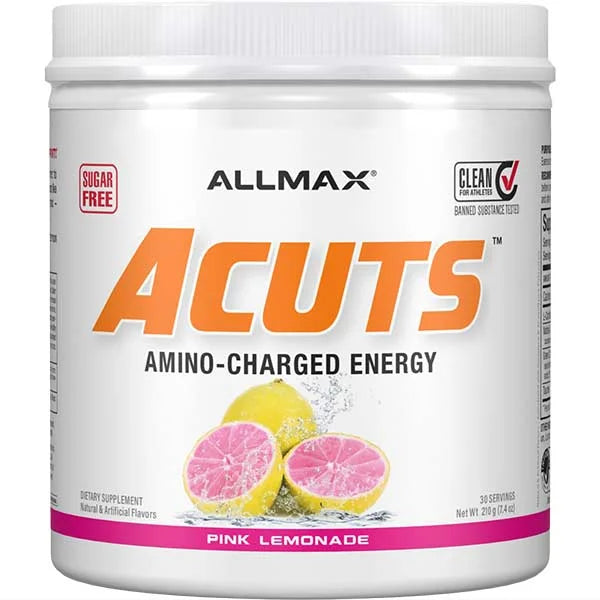 ALLMAX ACUTS Amino-Charged Energy in Pink Lemonade flavor for a sugar-free performance boost.