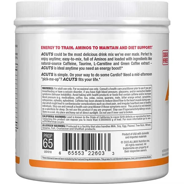 Allmax ACUTS energy drink mix container left side view for sugar-free metabolic support.