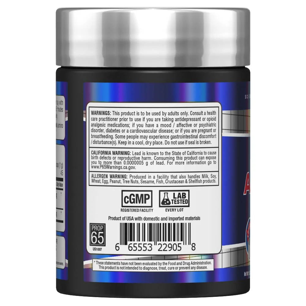 Allmax Agmatine Sulfate powder container left view showing quality seals for nitric oxide support.
