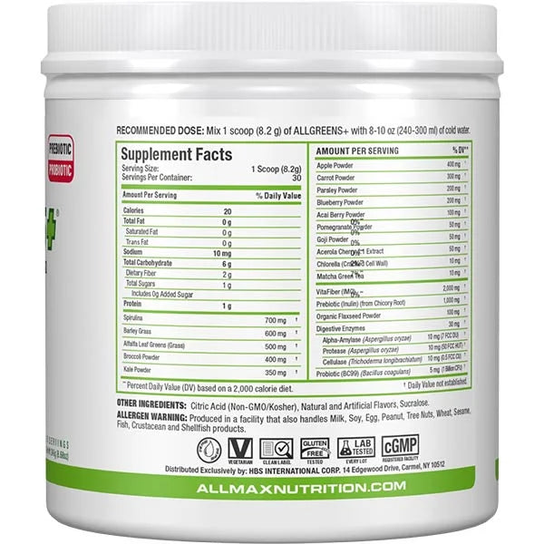 ALLGREENS+ Superfood Greens right view showing supplement facts for optimal digestive and immune health.