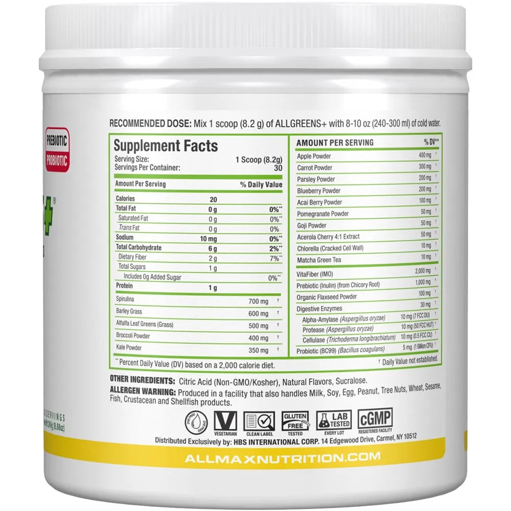 A white plastic tub of All Greens+ dietary supplement powder with a white cap, showing the back label with supplement dosage, ingredients, and certification logos.