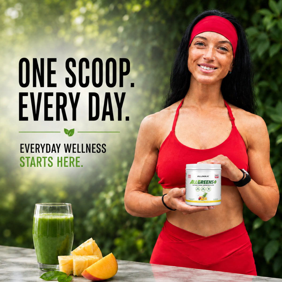 A woman in a red sports bra and matching headband holds a white tub of Allure Labs All-Lower-Age wellness powder outdoors. Large text on the left reads 'ONE SCOOP.