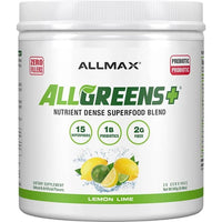 ALLMAX Allgreens+ Superfood Blend in Lemon Lime flavor provides probiotics and fiber for gut health.