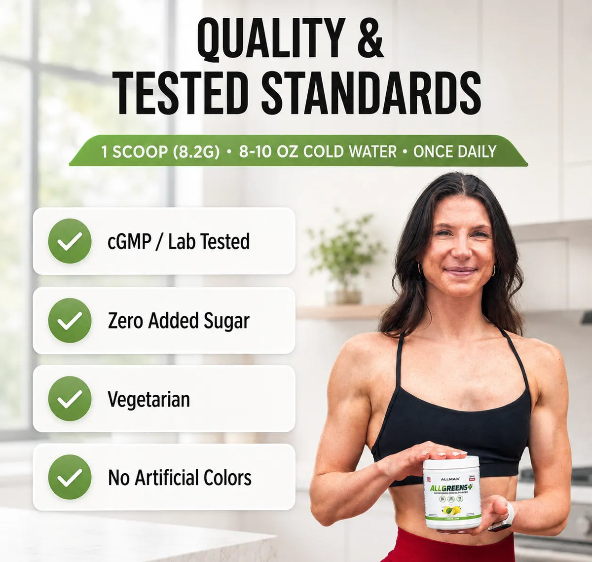 A woman in a black sports bra stands in a bright kitchen holding a jar of NutriSense Luminance supplement. The image features marketing text on the left highlighting 'Quality & Tested Standards' with bullet points for cGMP / Lab Tested, Zero Added Sugar, Vegetarian, and No Artificial Colors.