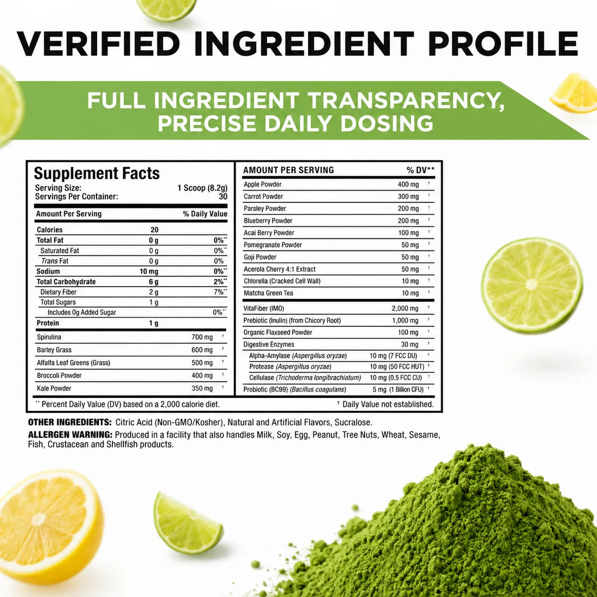 A supplement facts panel labeled 'Verified Ingredient Profile' with a green header, ingredient text, a nutrition label, and sliced lemon graphics around a pile of green powder at the bottom.