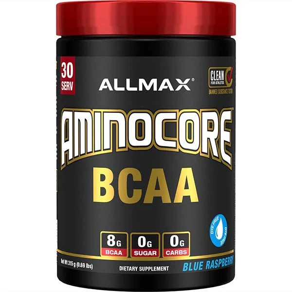 Allmax Aminocore BCAA Blue Raspberry 315g offers 8g of BCAAs for muscle support and is sugar-free.