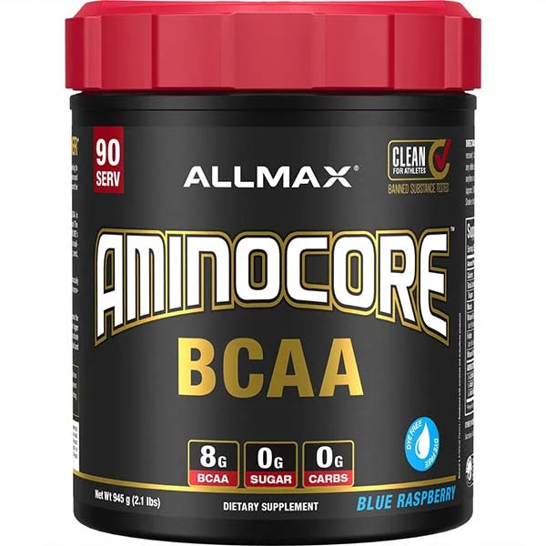 ALLMAX AMINOCORE BCAA in Blue Raspberry flavor with 8g of BCAAs for athletic recovery.