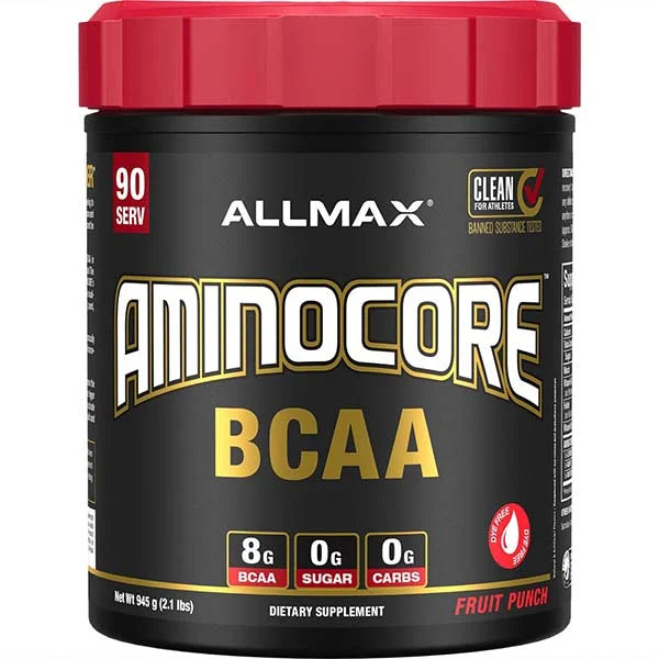 ALLMAX Aminocore BCAA Fruit Punch supplement for athletic recovery with 8g of BCAAs per serving.