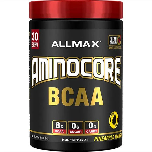 ALLMAX AMINOCORE BCAA Pineapple Mango 315g tub with 8g of BCAAs for athletic muscle support.