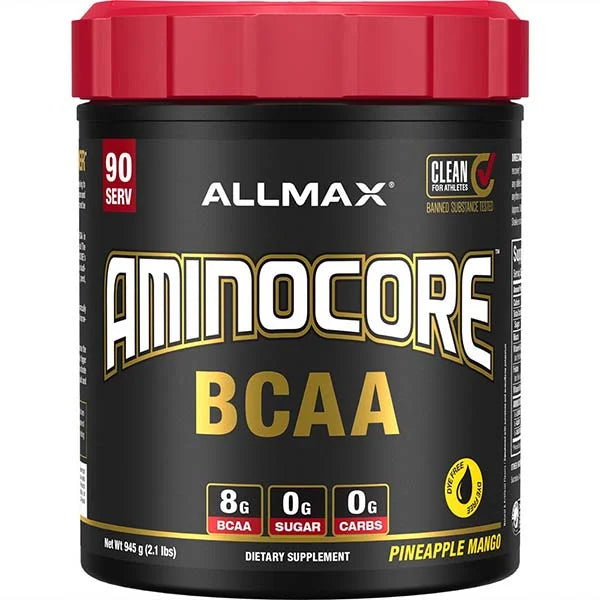 ALLMAX AMINOCORE BCAA Pineapple Mango 945g supplement providing 8g of BCAAs for muscle recovery.