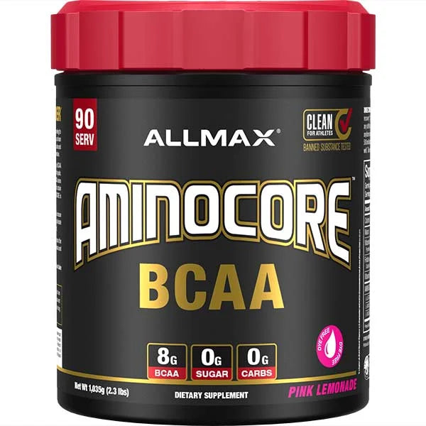 Aminocore BCAA Pink Lemonade 90 servings supplement with 8g of BCAAs to support muscle recovery.
