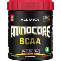 ALLMAX Aminocore BCAA Watermelon powder in a 90 serving tub for sugar-free muscle recovery.