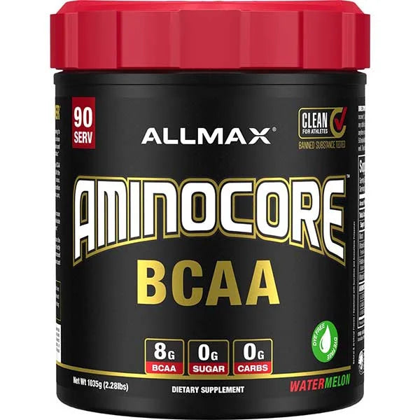 ALLMAX Aminocore BCAA Watermelon powder in a 90 serving tub for sugar-free muscle recovery.