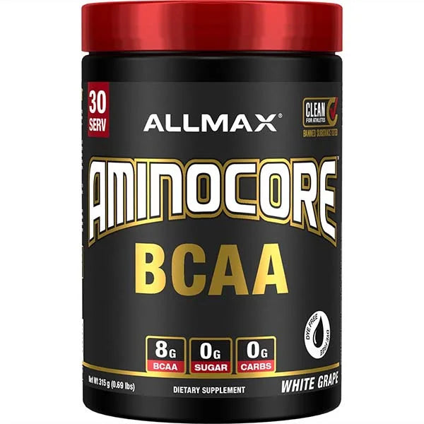 ALLMAX AMINOCORE BCAA White Grape supplement featuring 8g of BCAAs for muscle recovery and hydration.