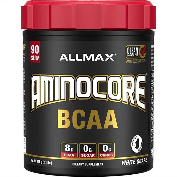 AMINOCORE BCAA White Grape supplement with 8g of BCAAs and zero sugar for athletic recovery.
