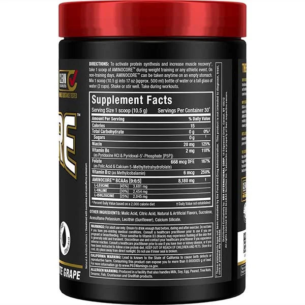 Aminocore BCAA White Grape right side view featuring muscle recovery support and a potent 8.18g BCAA blend.