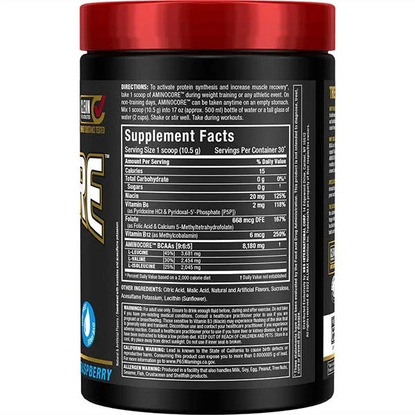 Aminocore BCAA Blue Raspberry right side view showing the supplement facts panel for muscle recovery support.