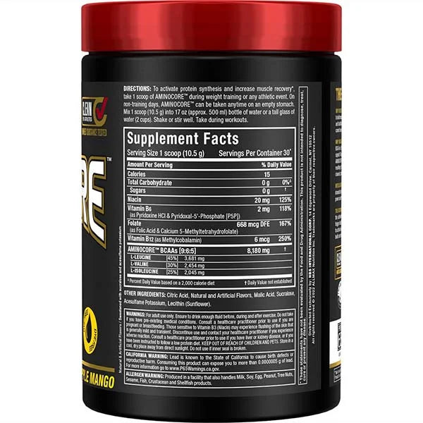 Allmax Aminocore Pineapple Mango 315g right side view showing BCAA supplement facts for muscle recovery.