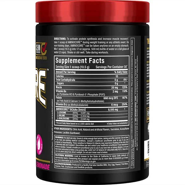 Allmax Aminocore Pink Lemonade BCAAs in a right side view for enhanced muscle recovery support.