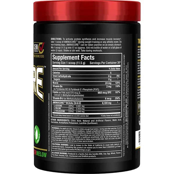 Allmax Aminocore Watermelon BCAA container right view showing Supplement Facts for muscle recovery support.