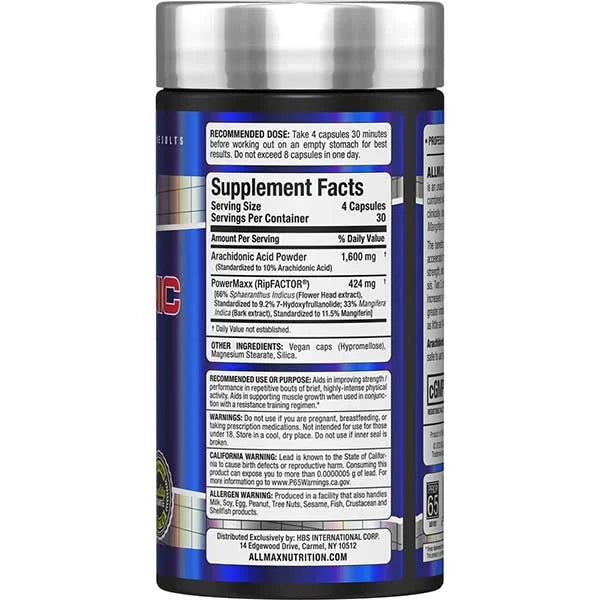 ALLMAX Arachidonic Acid capsules right view displaying Supplement Facts for enhanced muscle strength and recovery.