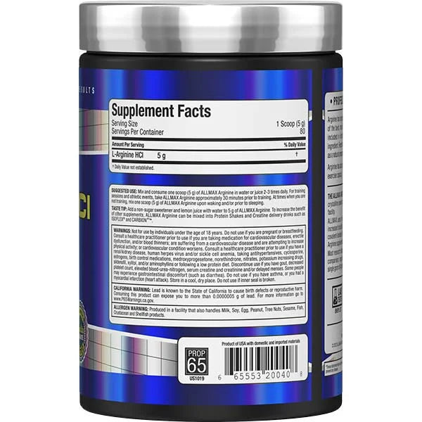 Allmax Arginine 400g right side view showing supplement facts for optimal muscle pump support.