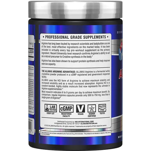 Allmax Arginine HCl 400g left side view showing vegan and kosher certifications for purity and performance.