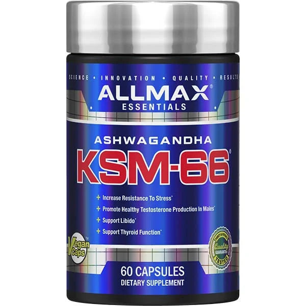 Allmax Essentials Ashwagandha KSM-66 dietary supplement capsules to help increase resistance to stress.
