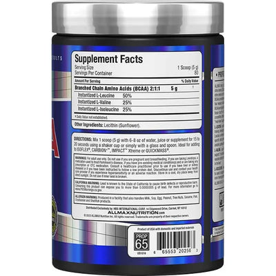 ALLMAX BCAA 2:1:1 unflavoured 400g powder container right view showing supplement facts for muscle recovery.